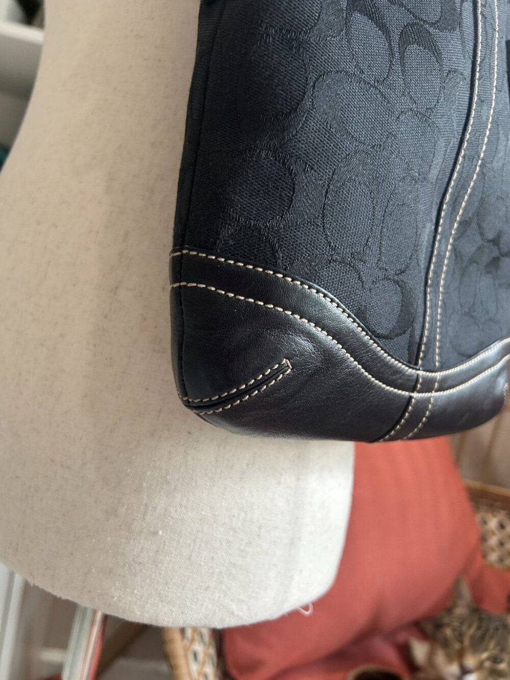 Coach Signature Shoulder Bag | Black Monogram Canvas Leather Buckle Accent - Picture 2 of 13